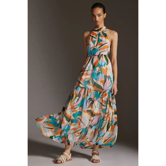maeve keyhole halter maxi dress Anthropologie Maeve Keyhole Halter Maxi Dress in Blue Multi Size 1X Plus